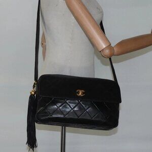 CHANEL Matelasse Tassel Shoulder Bag Lamb Skin Black Gold CC Auth BD484A